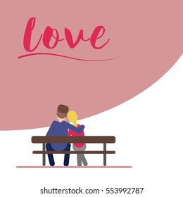 Card valentines day: Couple sitting on a bench. Flat vector