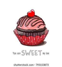 Card of a Valentine's Day. Cupcake with a sweet heart. Vector illustration.