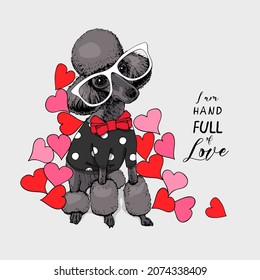 Card of a Valentine's Day. Cute black Poodle in the glasses with the Bow Tie on the red and pink hearts. Humor composition, hand drawn style print. Vector illustration.