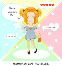 Card for Valentine's day. Cute girl with ponytail and bag, vector illustration.  