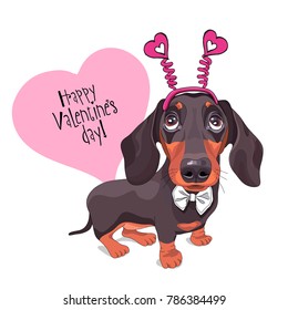 Card of a Valentine's Day. Dachshund Dog in a fun heart headband and in a bow tie. Vector illustration.