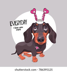 Card of a Valentine's Day. Dachshund Dog in a fun heart headband. Vector illustration.