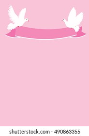 Card Valentine's Day flying pigeons on a pink background with ribbon for writing vector wedding day