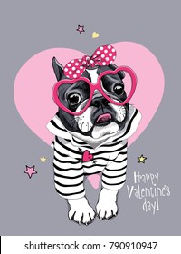 Tarjeta de San Valentín. Bulldog francés en un cardigan rayado, con lentes de corazón rosado divertido y con una banda de puntas polka.Ilustración vectorial.