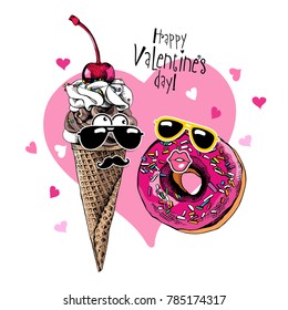 Card of a Valentine's Day. Funny Ice Cream and Donut in love. Vector illustration.