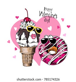 Card of a Valentine's Day. Funny Ice Cream and Donut in love. Vector illustration.