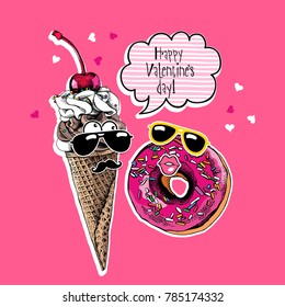 Card of a Valentine's Day. Funny Ice Cream and Donut in love on a pink background. Vector illustration.