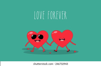 Card Valentine's Day. Funny two hearts kissing. Use for card, poster, banner, web design and print on t-shirt. Easy to edit. Vector illustration.