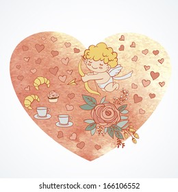 Card for Valentine's Day with hand drawing and watercolor. Illustration for greeting cards, invitations, and other printing and web projects.