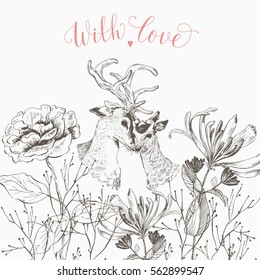 Card Valentine's Day with a hand drawn roses and deer. Calligraphic phrase. Holiday quotation: With love.
