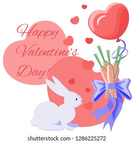 A card for Valentine's Day, a hare and a gift for him, a bouquet of carrots as a gift, a favorite delicacy of a hare, a hare loves carrots, congratulations on saint valentine's day