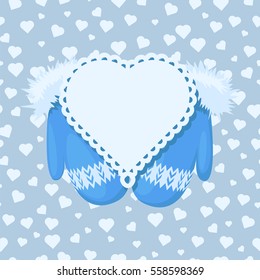 Card Valentines Day. Heart on blue mittens with place for text