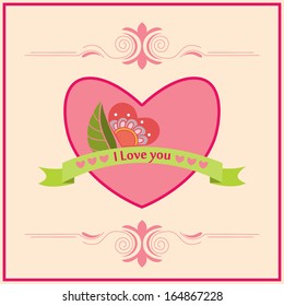 Card for Valentine's Day. With a heart, ribbons and labels, flower and the words "I love you."