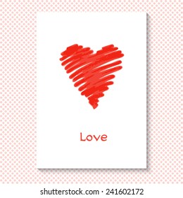 Card for Valentine's Day. Heart and the word "love". Vector illustration. Background with polka dots.