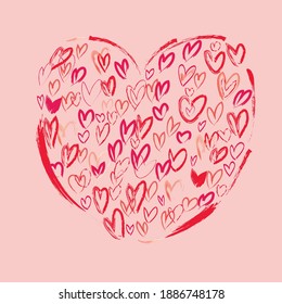 card for valentine's day a lot of hearts in the shape of a big heart on a pink background. simple shapes, flat vector. isolated.