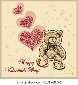 Card for Valentine's Day with hearts and teddy bear.  Illustration for greeting cards, invitations, and other printing and web projects.
