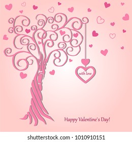 Card to the Valentine's Day with openwork tree of curls and hearts