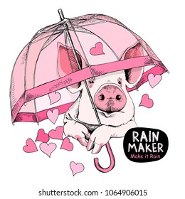 Card of a Valentine's Day. Pig with a transparent pink umbrella and with a rain of hearts. Vector illustration.