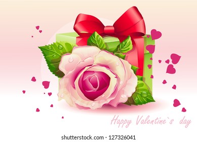 Card for Valentine's Day pink rose with green box.