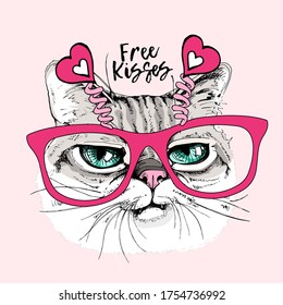 Card of a Valentine's Day. Portrait of the the funny crazy cat in the pink glasses with hearts. Humor card, t-shirt composition, hand drawn style print. Vector illustration.