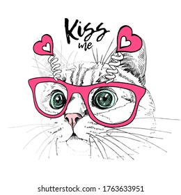 Card of a Valentine's Day. Portrait of the the funny crazy cat in the pink glasses with hearts. Humor card, t-shirt composition, hand drawn style print. Vector illustration.