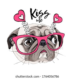 Card of a Valentine's Day. Portrait of the funny Pug dog in the pink glasses with hearts. Humor card, t-shirt composition, hand drawn style print. Vector illustration.