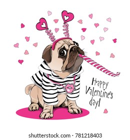 Card of a Valentine's Day. Pug Dog in a striped cardigan, in a fun headband and with a pink funny party whistle blowing. Vector illustration.