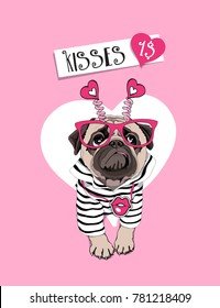 Card of a Valentine's Day. Pug Dog in a striped cardigan, in a fun headband and in a pink glasses. Vector illustration.