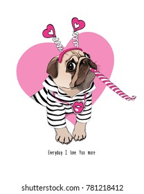 Card of a Valentine's Day. Pug Dog in a striped cardigan, in a fun headband and with a pink funny party whistle blowing. Vector illustration.