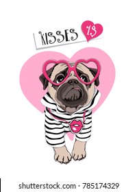 Card of a Valentine's Day. Pug Dog in a striped cardigan, in a fun pink heart glasses. Vector illustration.