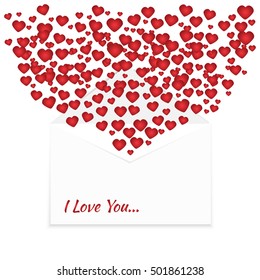 Card for Valentine's Day, Red hearts and Paper Envelope. Vector Illustration