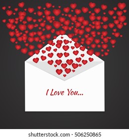 Card for Valentine's Day, Red hearts and Paper Envelope On Dark Background. Vector Illustration