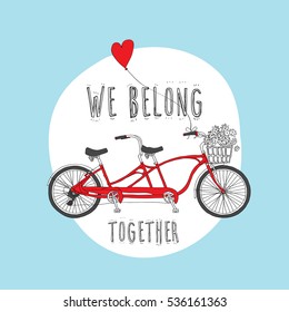 Card Valentine's Day.  Red Tandem Bike With A Balloon On A Blue Background. Vector Illustration.