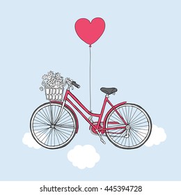 Card for Valentine's Day. Retro bicycle with a flowers and a air balloon in a sky. Vector illustration.