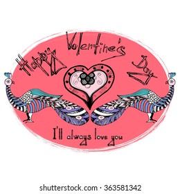 Card valentine's day. Saint Valentine's day greeting card. Two peacocks and hearts between them. Love and loyalty. Vector sketch of hand drawn birds and love words: I'll always love you. Be with me