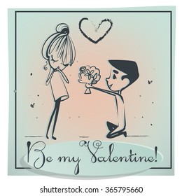 card for Valentine's Day with sketchy boy and girl.