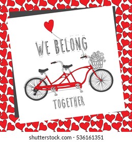 Card Valentine's day. Tandem bike with a balloon on a red heart background. Vector illustration.