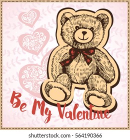 Card Valentine's Day with a teddy bear. Vector illustration. Vintage card. Openwork background.