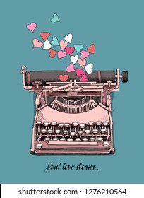 Card of a Valentine's Day. Vintage pink Typewriter with a hearts. Real love stories - lettering quote. Humor t-shirt composition, hand drawn style print. Vector illustration.