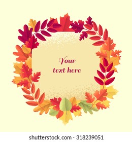 Card with various autumn colorful leaves. Maple, oak, mountain ash, rowan, linden, hawthorn. Retro vector illustration. Can be used as invitation, postcard, poster, flyer. Place for your text