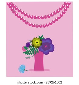 card with a vase of flowers on a pink background. 