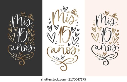 Quinceañera card vector black, white and gold design in Spanish language. My 15 years sign. Latin countries teenage girl fifteenth Birthday celebration.