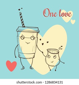 Card with vector cartoon characters in love on blue background with big white heart, latte with cream.