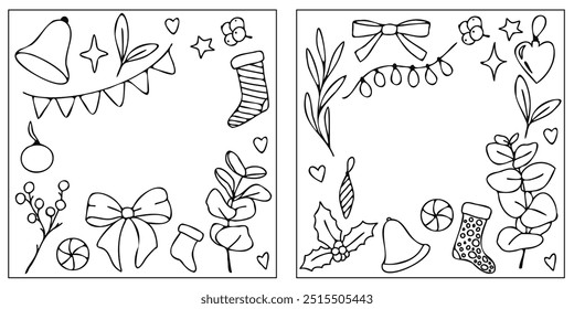 Tarjeta con Navidades de Vector doodle ilustración de contorno con Elementos festivos como conos de pino, acebo, medias, arcos y adornos. Ideal para páginas para colorear, manualidades de bricolaje y diseños de vacaciones