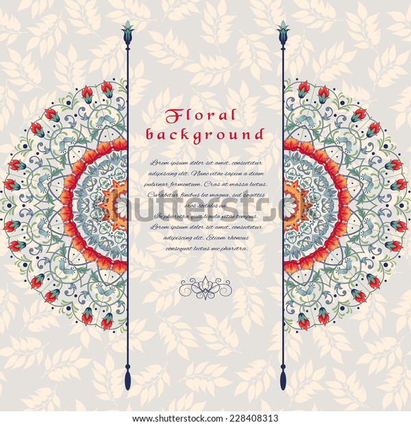Card in\
vector.  Floral round pattern with fantasy flowers. Seamless\
ornament with leaves. Place for your text.\

