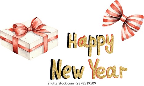 Card, Vector golden Happy New Year text, message, letters, composition with shadow for greeting card, invitation, banner, print. Festive striped red bow, gift with red satin ribbon is decorated by gol