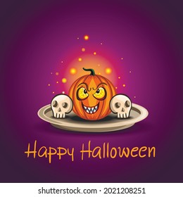 Card with vector Halloween laughing pumpkin and scary skull