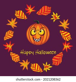 Karte mit Vektor Halloween lachenden Kürbis und Herbstblättern.