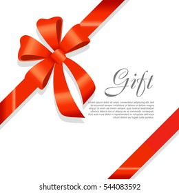 Card vector illustration on white background, luxury wide gift bow with red knot or ribbon and space frame for text, gift wrapping template for banner, poster design. Simple cartoon style Flat design