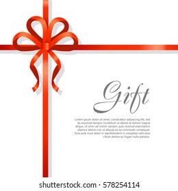 Card vector illustration on white background, luxury wide gift bow with red knot or ribbon and space frame for text, gift wrapping template for banner, poster design. Simple cartoon style Flat design